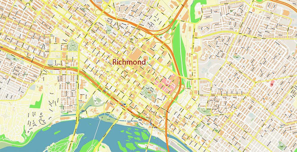 Richmond + Petersburg Virginia USA Vector Map Exact High Detailed Street Map editable Adobe Illustrator in layers