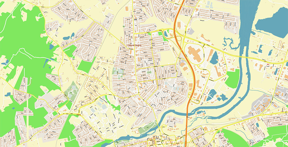 Richmond + Petersburg Virginia USA Vector Map Exact High Detailed Street Map editable Adobe Illustrator in layers