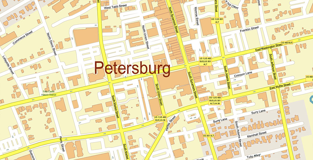 Richmond + Petersburg Virginia USA Vector Map Exact High Detailed Street Map editable Adobe Illustrator in layers