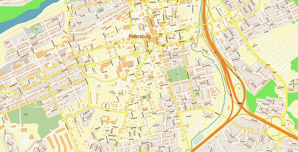 Richmond + Petersburg Virginia USA Vector Map Exact High Detailed Street Map editable Adobe Illustrator in layers