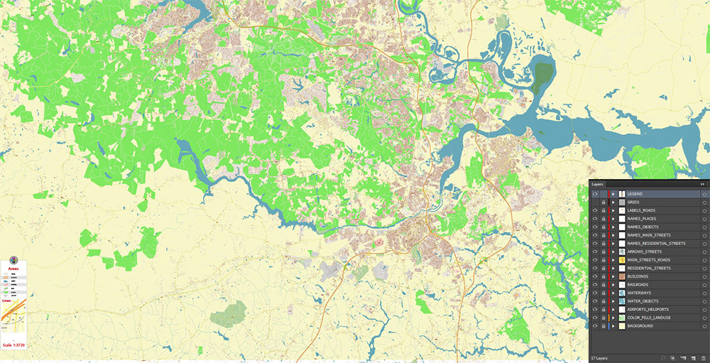 Richmond + Petersburg Virginia USA Vector Map Exact High Detailed Street Map editable Adobe Illustrator in layers
