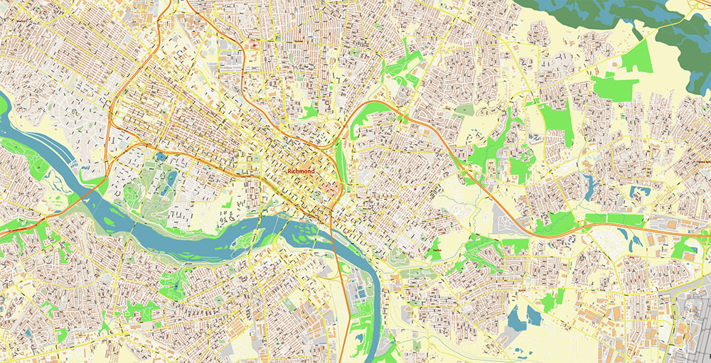 Richmond + Petersburg Virginia USA Vector Map Exact High Detailed Street Map editable Adobe Illustrator in layers