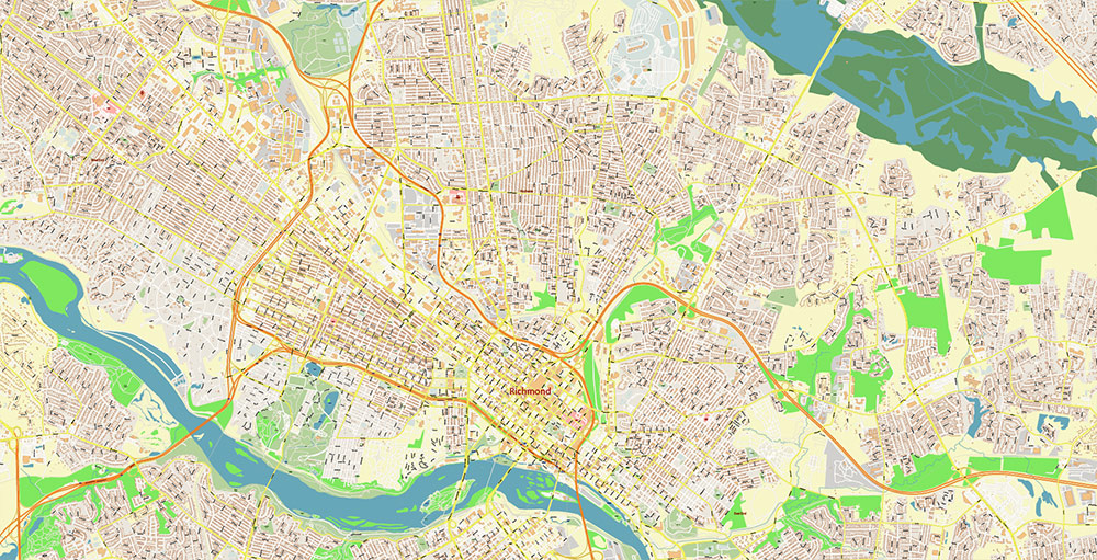 Richmond + Petersburg Virginia USA Vector Map Exact High Detailed Street Map editable Adobe Illustrator in layers