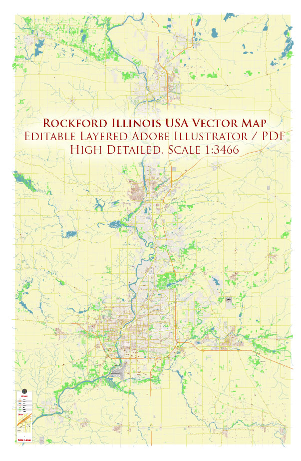 Rockford Illinois USA Vector Map: Exact High Detailed Street Map editable Adobe Illustrator in layers