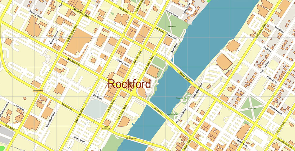 Rockford Illinois USA Vector Map: Exact High Detailed Street Map editable Adobe Illustrator in layers