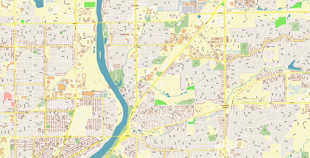 Rockford Illinois USA Vector Map: Exact High Detailed Street Map editable Adobe Illustrator in layers