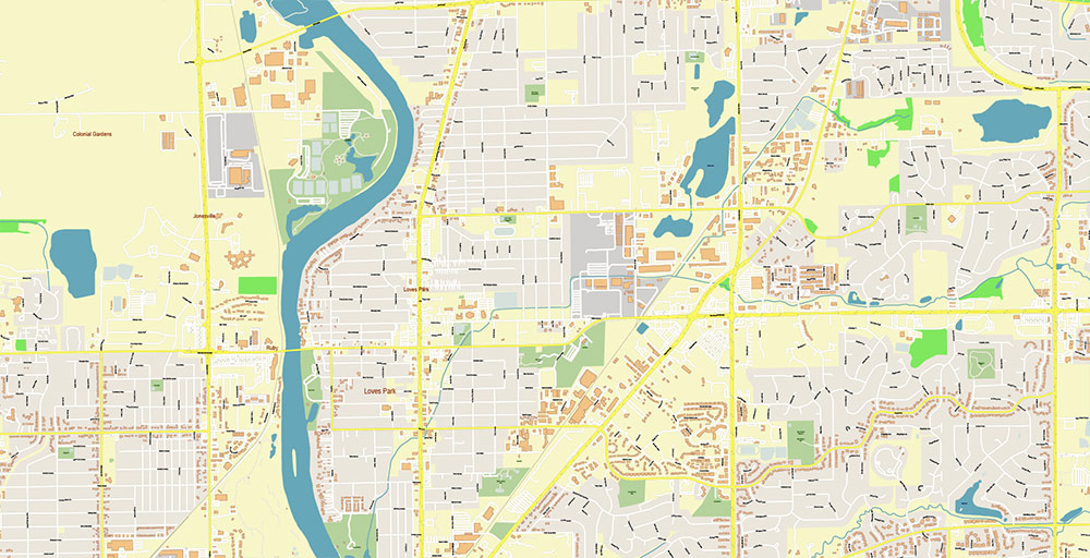Rockford Illinois USA Vector Map: Exact High Detailed Street Map editable Adobe Illustrator in layers
