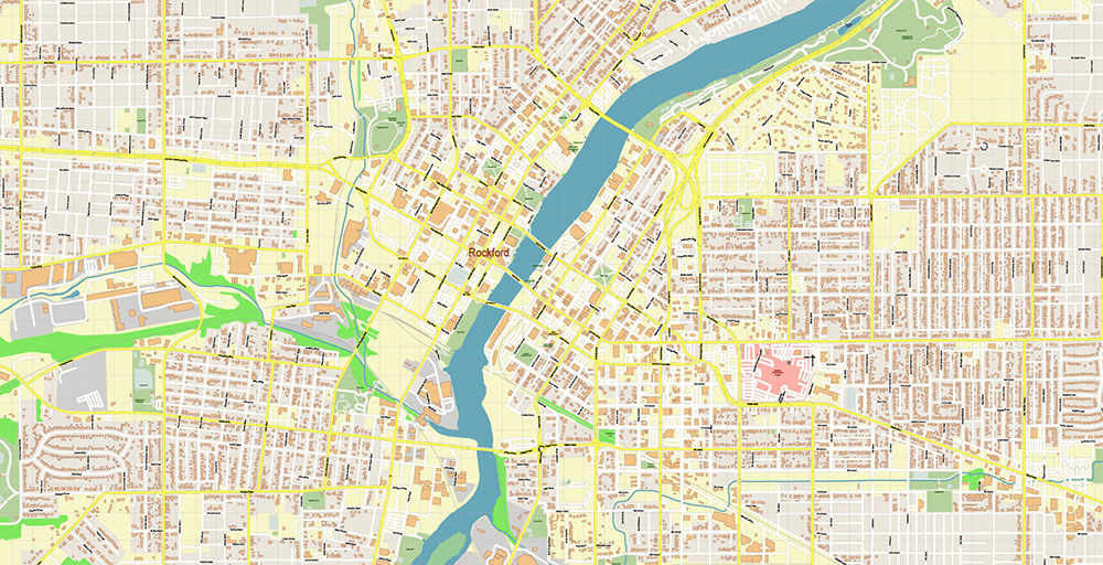 Rockford Illinois USA Vector Map: Exact High Detailed Street Map editable Adobe Illustrator in layers