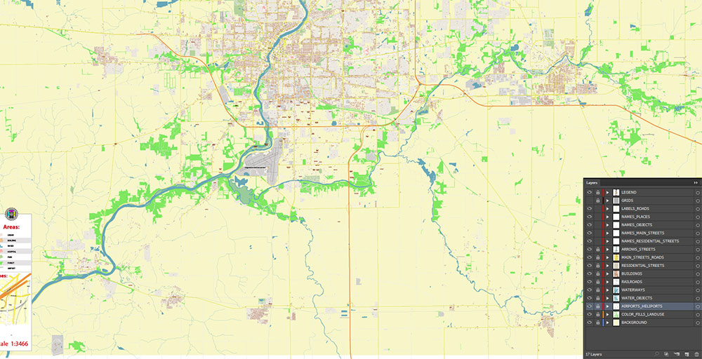 Rockford Illinois USA Vector Map: Exact High Detailed Street Map editable Adobe Illustrator in layers