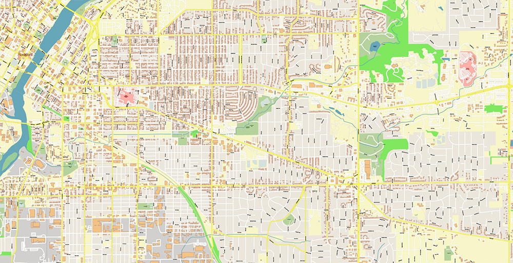 Rockford Illinois USA Vector Map: Exact High Detailed Street Map editable Adobe Illustrator in layers