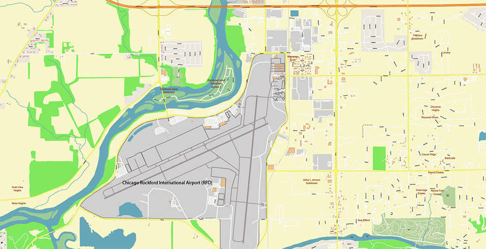 Rockford Illinois USA Vector Map: Exact High Detailed Street Map editable Adobe Illustrator in layers