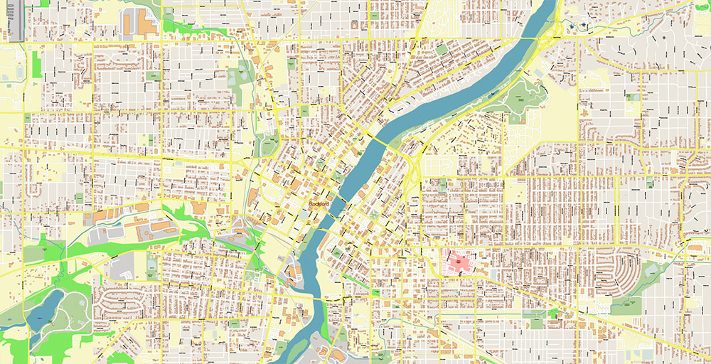 Rockford Illinois USA Vector Map: Exact High Detailed Street Map editable Adobe Illustrator in layers