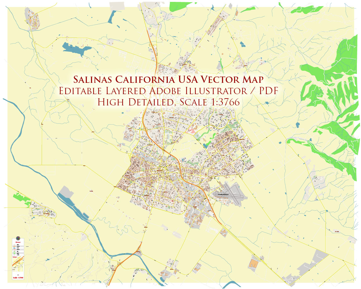 Salinas California USA Vector Map: Exact High Detailed Street Map editable Adobe Illustrator in layers