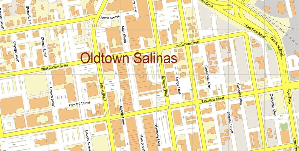 Salinas California USA Vector Map: Exact High Detailed Street Map editable Adobe Illustrator in layers