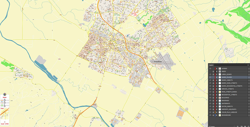 Salinas California USA Vector Map: Exact High Detailed Street Map editable Adobe Illustrator in layers