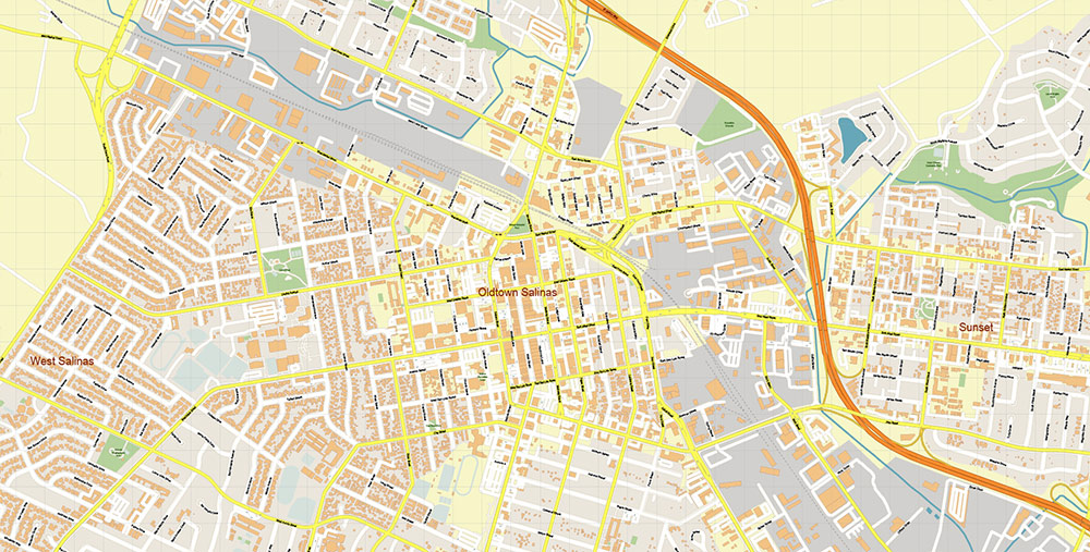 Salinas California USA Vector Map: Exact High Detailed Street Map editable Adobe Illustrator in layers