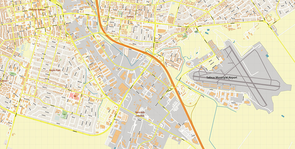 Salinas California USA Vector Map: Exact High Detailed Street Map editable Adobe Illustrator in layers