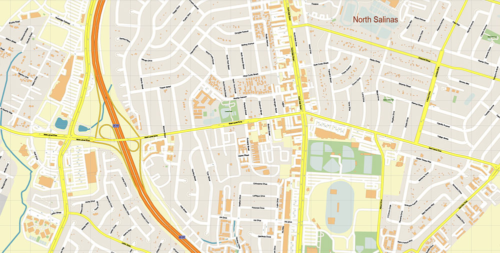 Salinas California USA Vector Map: Exact High Detailed Street Map editable Adobe Illustrator in layers