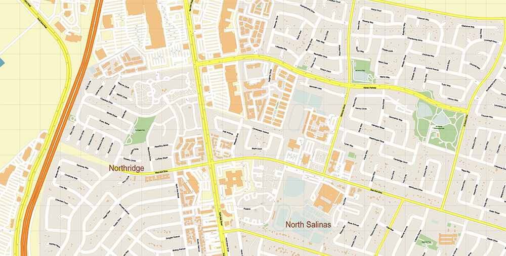 Salinas California USA Vector Map: Exact High Detailed Street Map editable Adobe Illustrator in layers