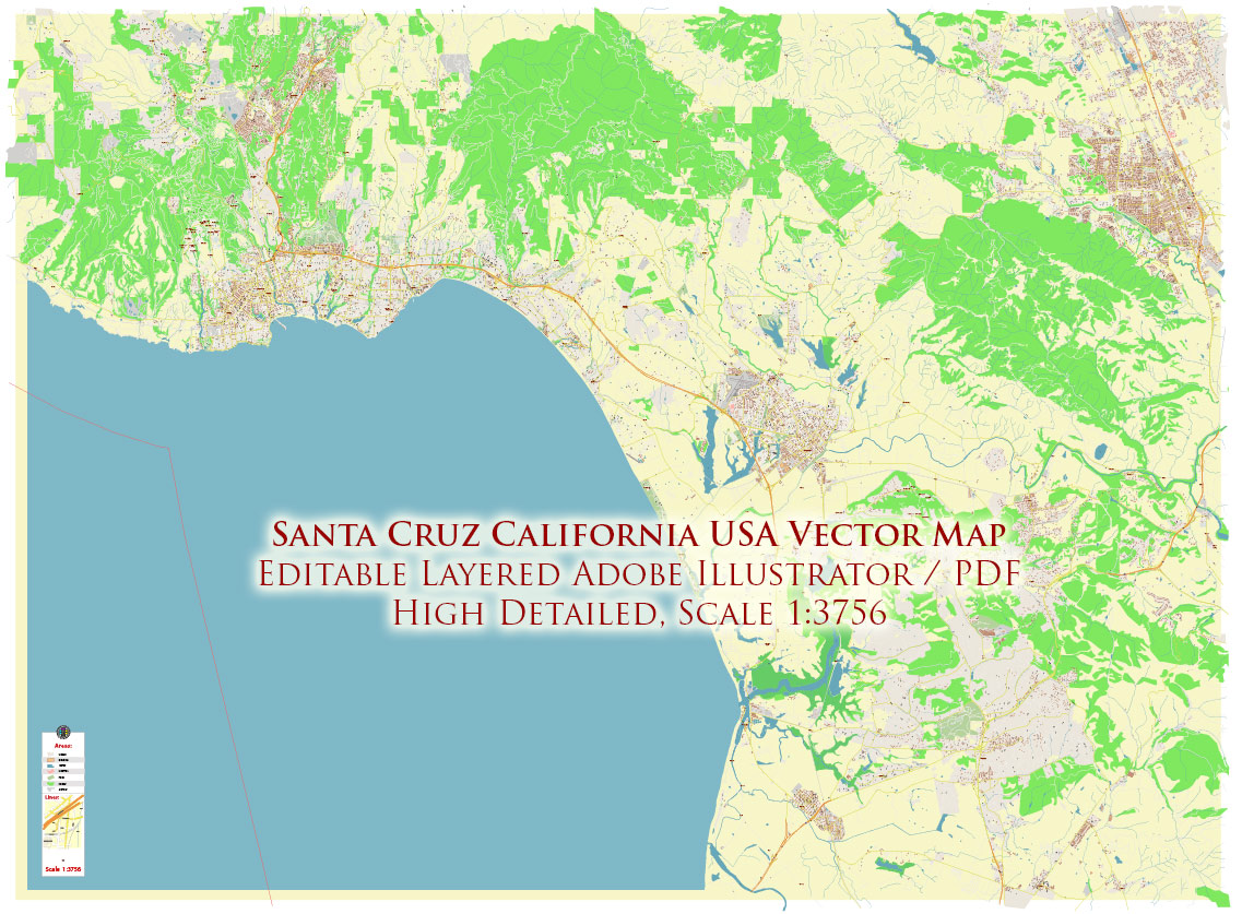 Santa Cruz California USA Vector Map: Exact High Detailed Street Map editable Adobe Illustrator in layers