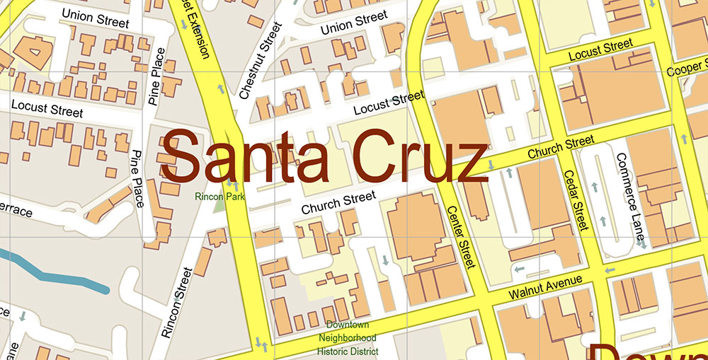 Santa Cruz California USA Vector Map: Exact High Detailed Street Map editable Adobe Illustrator in layers