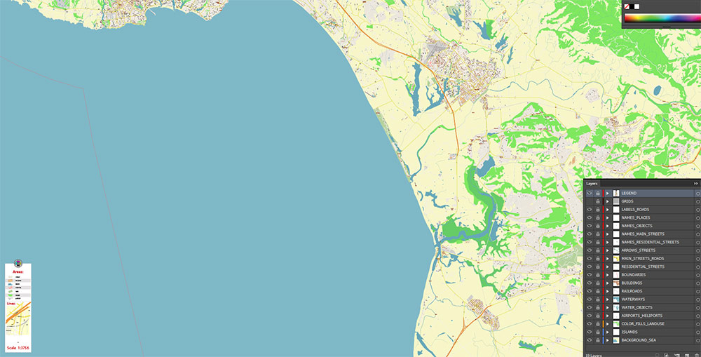 Santa Cruz California USA Vector Map: Exact High Detailed Street Map editable Adobe Illustrator in layers