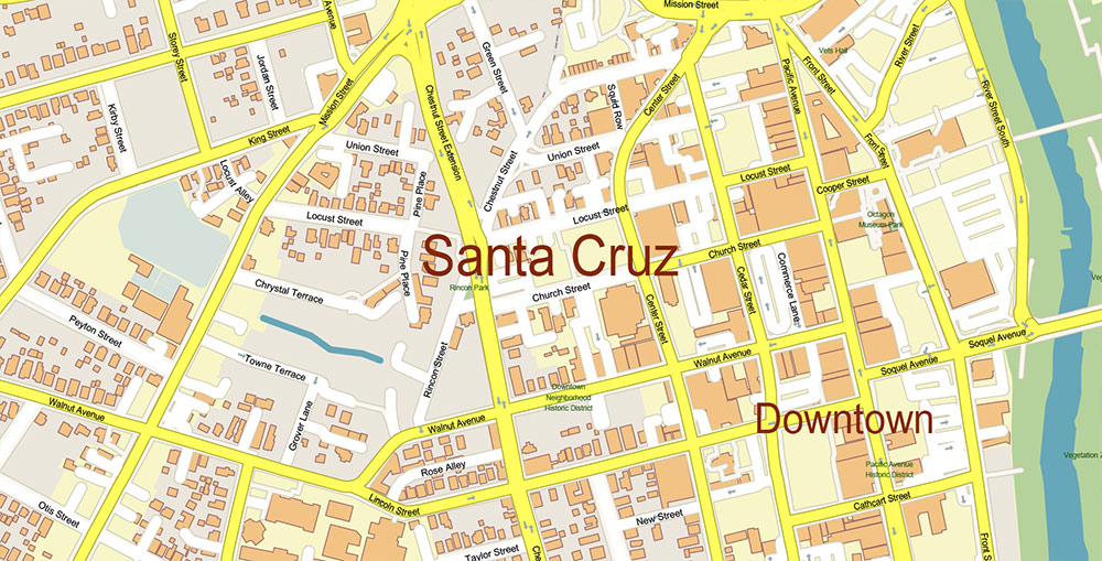 Santa Cruz California USA Vector Map: Exact High Detailed Street Map editable Adobe Illustrator in layers