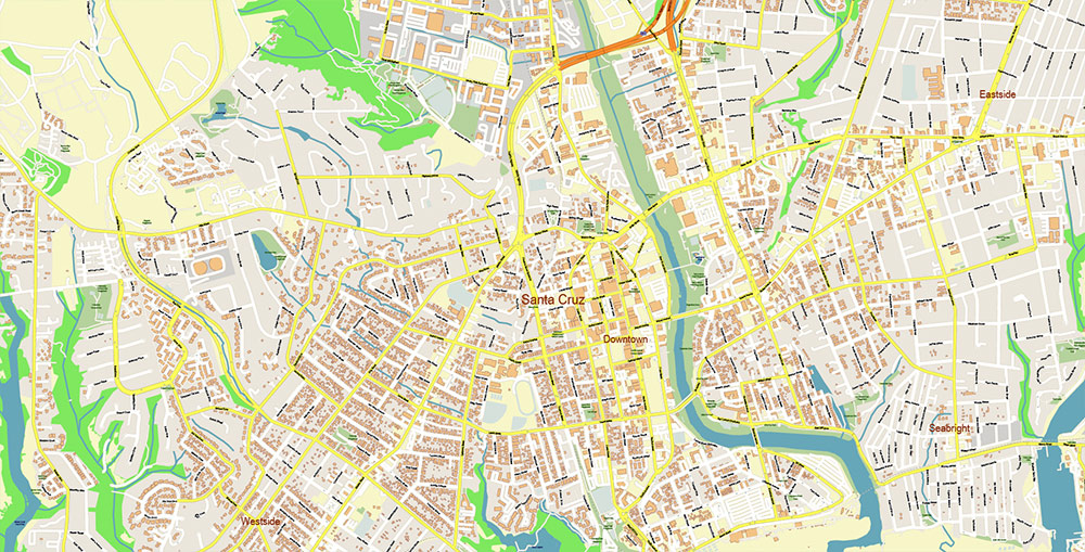 Santa Cruz California USA Vector Map: Exact High Detailed Street Map editable Adobe Illustrator in layers