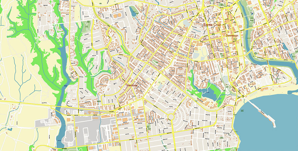 Santa Cruz California USA Vector Map: Exact High Detailed Street Map editable Adobe Illustrator in layers