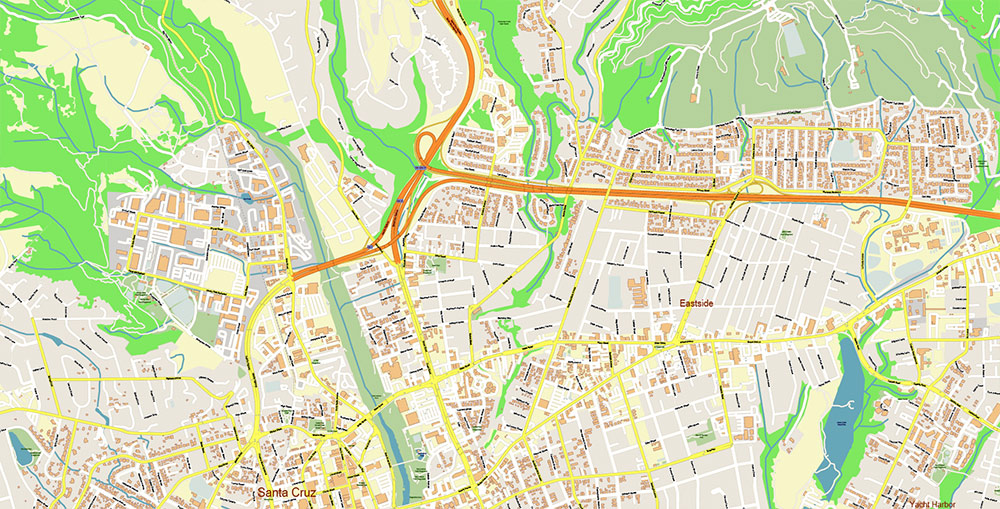 Santa Cruz California USA Vector Map: Exact High Detailed Street Map editable Adobe Illustrator in layers