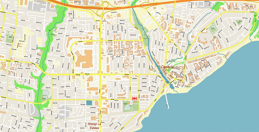 Santa Cruz California USA Vector Map: Exact High Detailed Street Map editable Adobe Illustrator in layers