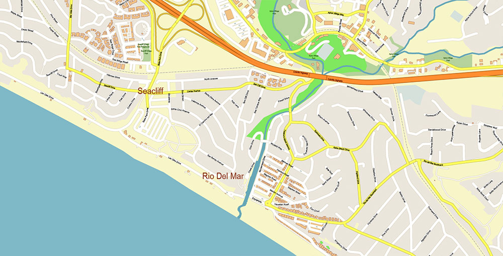 Santa Cruz California USA Vector Map: Exact High Detailed Street Map editable Adobe Illustrator in layers