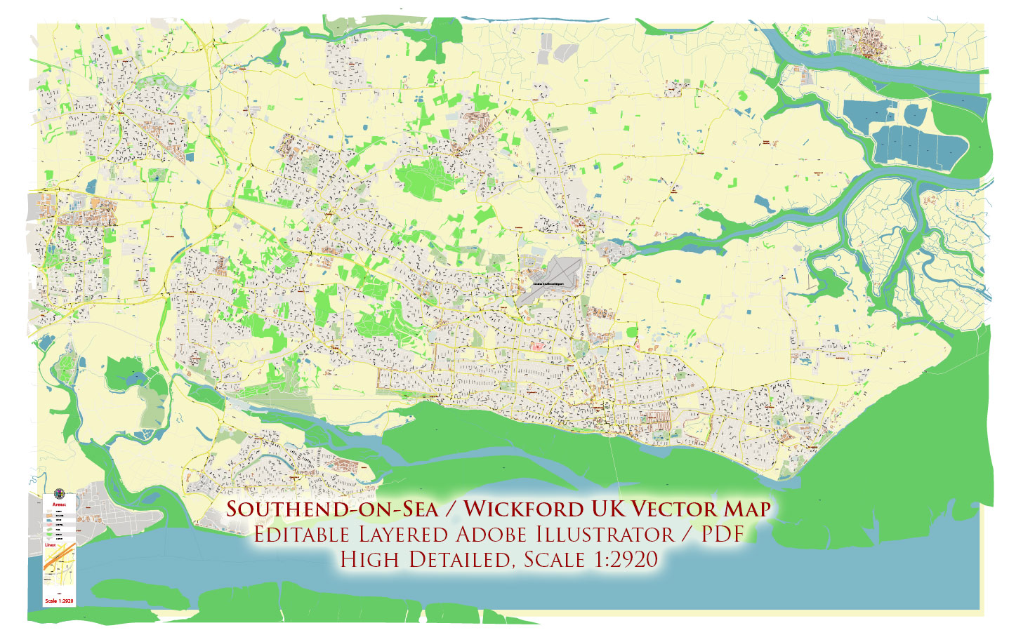 Southend-on-Sea / Wickford UK Vector Map Exact High Detailed Street Map editable Adobe Illustrator in layers