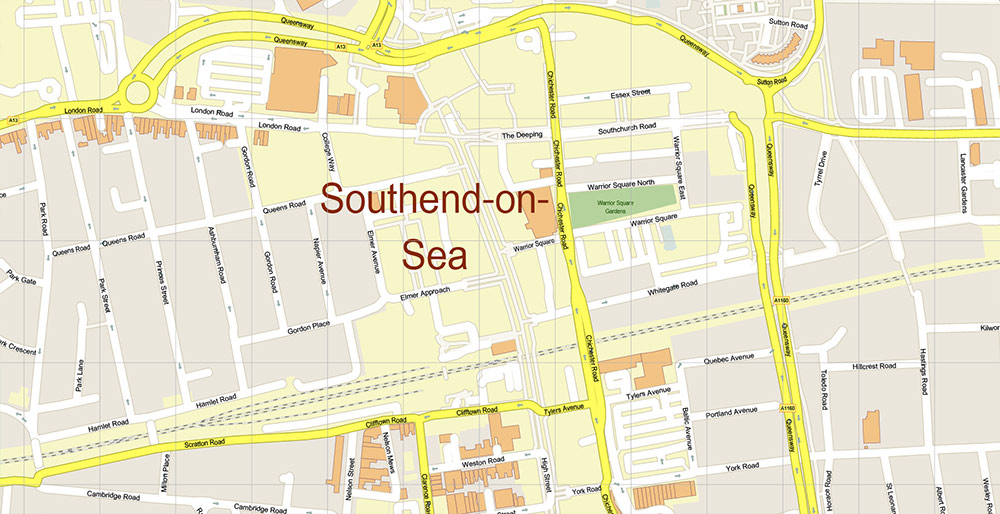 Southend-on-Sea / Wickford UK Vector Map Exact High Detailed Street Map editable Adobe Illustrator in layers