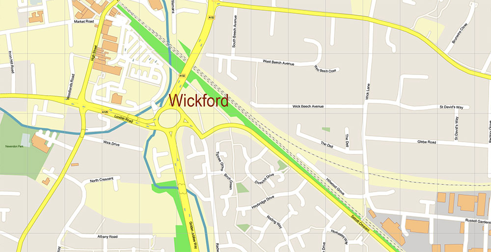 Southend-on-Sea / Wickford UK Vector Map Exact High Detailed Street Map editable Adobe Illustrator in layers