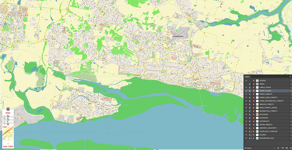Southend-on-Sea / Wickford UK Vector Map Exact High Detailed Street Map editable Adobe Illustrator in layers
