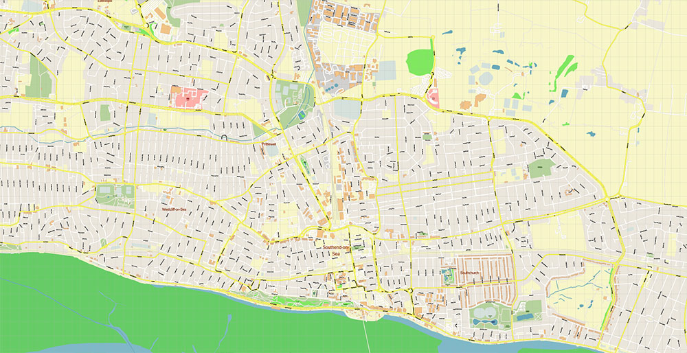 Southend-on-Sea / Wickford UK Vector Map Exact High Detailed Street Map editable Adobe Illustrator in layers