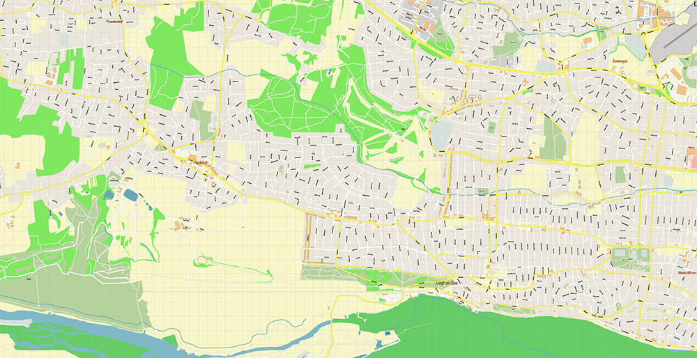 Southend-on-Sea / Wickford UK Vector Map Exact High Detailed Street Map editable Adobe Illustrator in layers