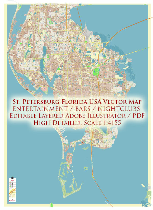 Saint Petersburg Florida USA - ENTERTAINMENTS - Vector Map Exact High Detailed Street Map editable Adobe Illustrator in layers Saint Petersbourg Florida USA - ENTERTAINMENTS - Vector Map Exact High Detailed Street Map editable Adobe Illustrator and PDF in layers