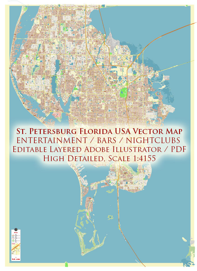 Saint Petersbourg Florida USA - ENTERTAINMENTS - Vector Map Exact High Detailed Street Map editable Adobe Illustrator and PDF in layers