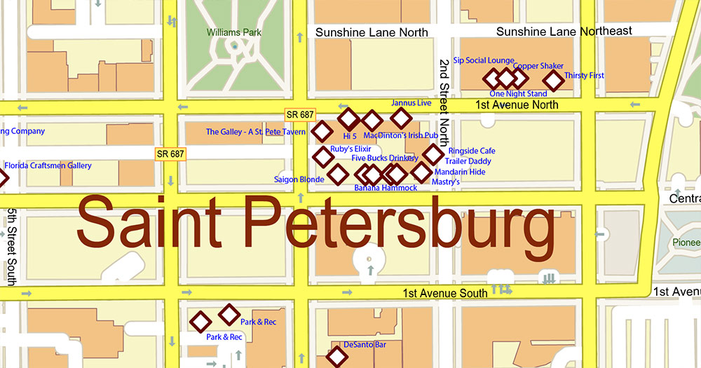 Saint Petersbourg Florida USA - ENTERTAINMENTS - Vector Map Exact High Detailed Street Map editable Adobe Illustrator and PDF in layers