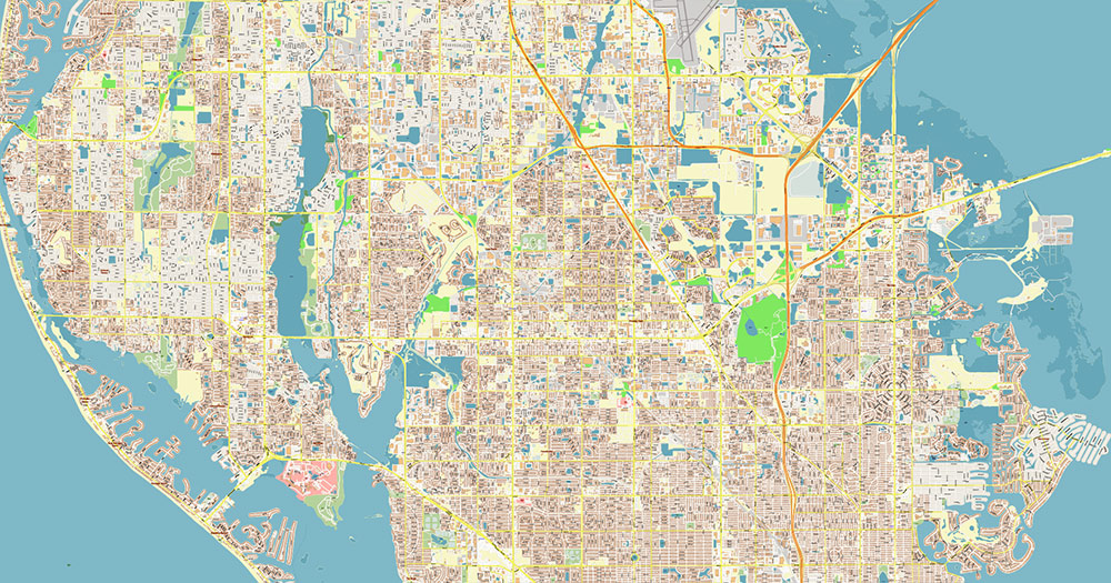 Saint Petersbourg Florida USA - ENTERTAINMENTS - Vector Map Exact High Detailed Street Map editable Adobe Illustrator and PDF in layers