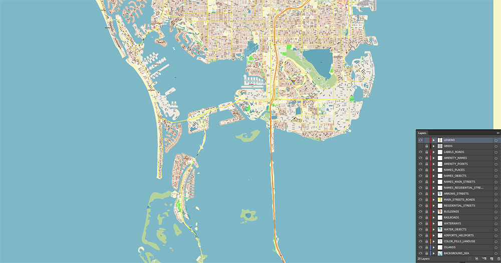 Saint Petersbourg Florida USA - ENTERTAINMENTS - Vector Map Exact High Detailed Street Map editable Adobe Illustrator and PDF in layers