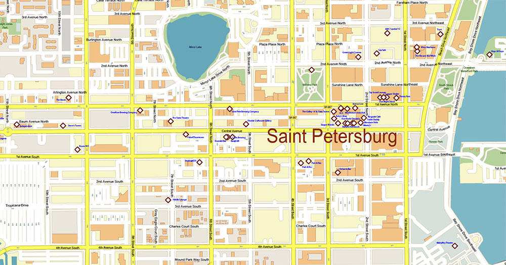 Saint Petersbourg Florida USA - ENTERTAINMENTS - Vector Map Exact High Detailed Street Map editable Adobe Illustrator and PDF in layers