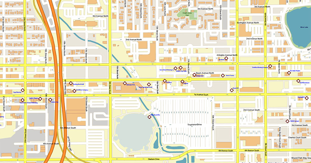 Saint Petersbourg Florida USA - ENTERTAINMENTS - Vector Map Exact High Detailed Street Map editable Adobe Illustrator and PDF in layers
