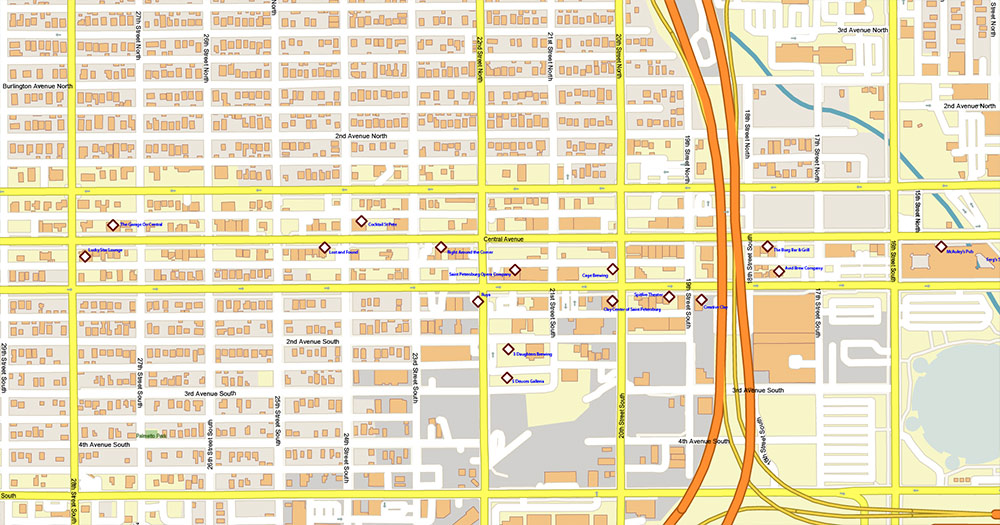 Saint Petersbourg Florida USA - ENTERTAINMENTS - Vector Map Exact High Detailed Street Map editable Adobe Illustrator and PDF in layers