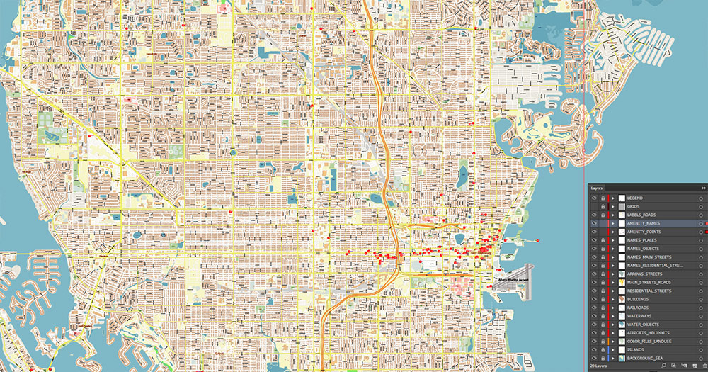 Saint Petersbourg Florida USA - ENTERTAINMENTS - Vector Map Exact High Detailed Street Map editable Adobe Illustrator and PDF in layers
