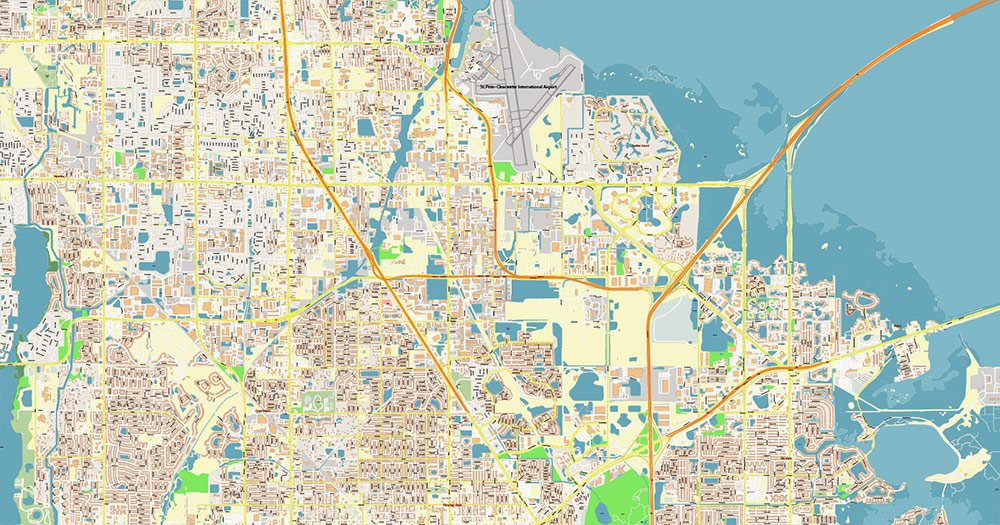Saint Petersbourg Florida USA - ENTERTAINMENTS - Vector Map Exact High Detailed Street Map editable Adobe Illustrator and PDF in layers