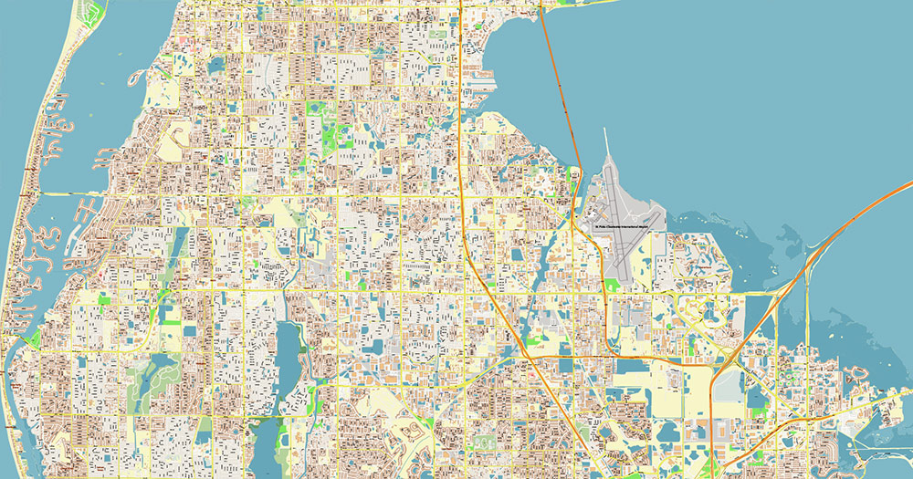 Saint Petersbourg Florida USA - ENTERTAINMENTS - Vector Map Exact High Detailed Street Map editable Adobe Illustrator and PDF in layers