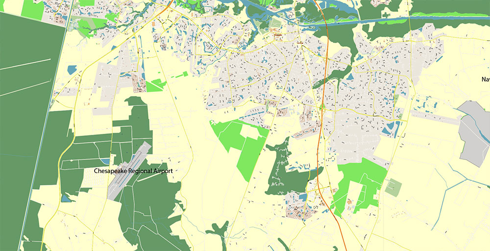 East part of Virginia State USA Vector Map Exact High Detailed Street Map editable Adobe Illustrator in layers